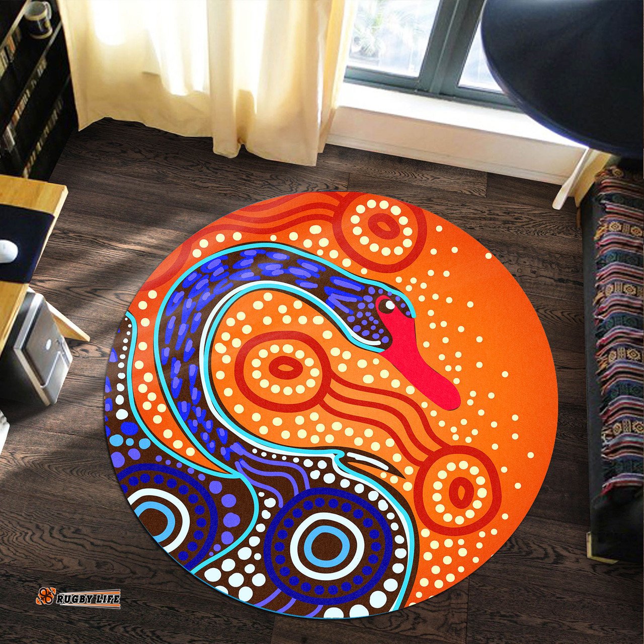 Australia Aboriginal Inspired Round Rug - Aboriginal Inspired Dot Art With Black Swan Round Rug