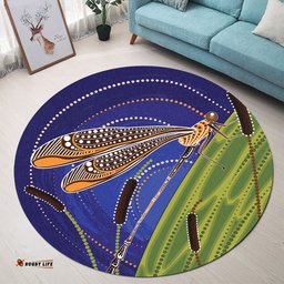 Australia Aboriginal Inspired Round Rug - Dragonfly On Cattails Aboriginal Style Art Round Rug