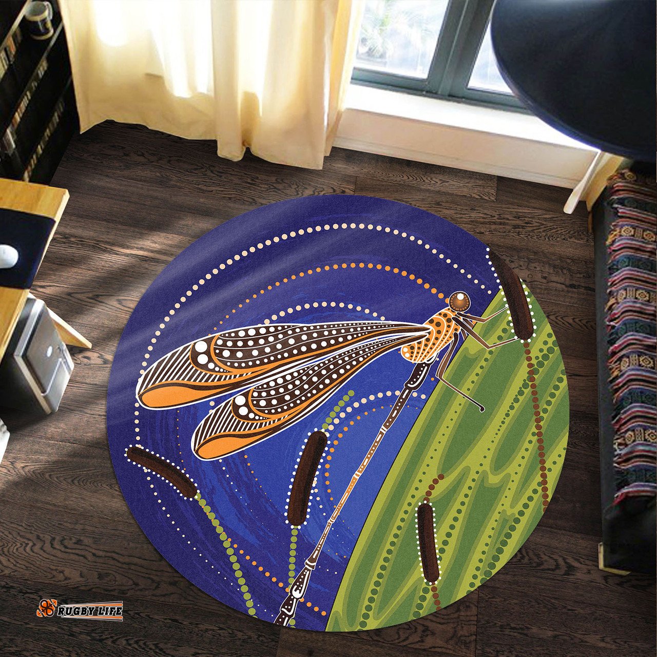 Australia Aboriginal Inspired Round Rug - Dragonfly On Cattails Aboriginal Style Art Round Rug