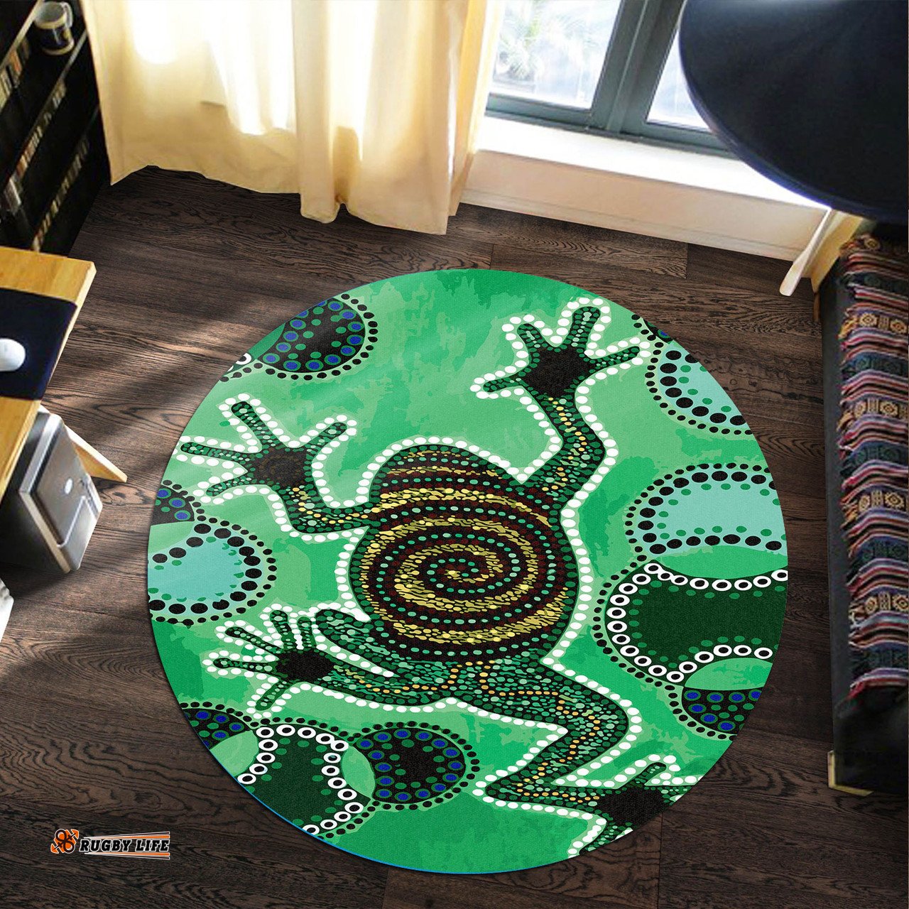 Australia Aboriginal Inspired Round Rug - Aboriginal Inspired Indigenous Green Frog Watercolor Dot Art Painting Round Rug