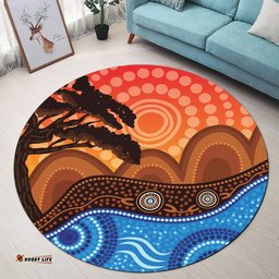 Australia Aboriginal Inspired Round Rug - Indigenous Tree on the hill, nature concept Aboriginal Inspired art Round Rug