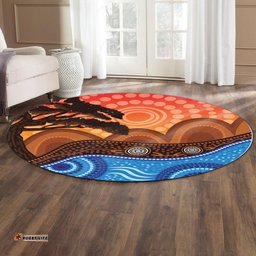 Australia Aboriginal Inspired Round Rug - Indigenous Tree on the hill, nature concept Aboriginal Inspired art Round Rug