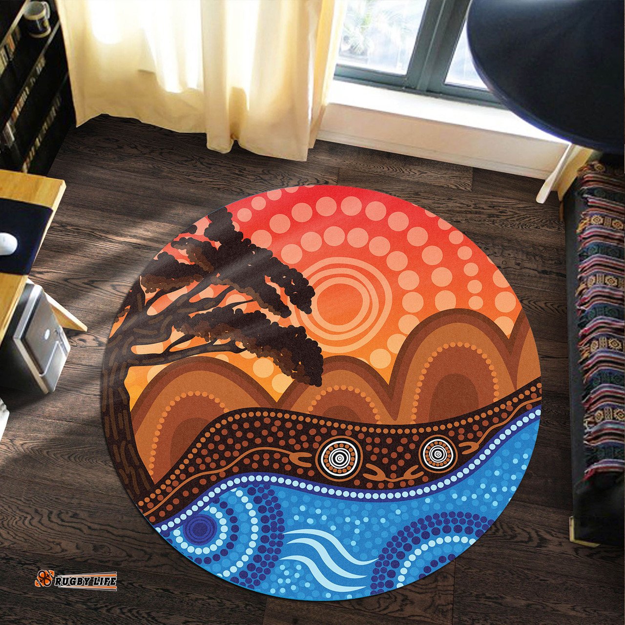 Australia Aboriginal Inspired Round Rug - Indigenous Tree on the hill, nature concept Aboriginal Inspired art Round Rug