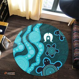 Australia Aboriginal Turtles Torres Strait Islands Round Rug - Blue Turtles With Aboriginal Dot Art Painting Patterns And Torres Strait Symbol Round Rug