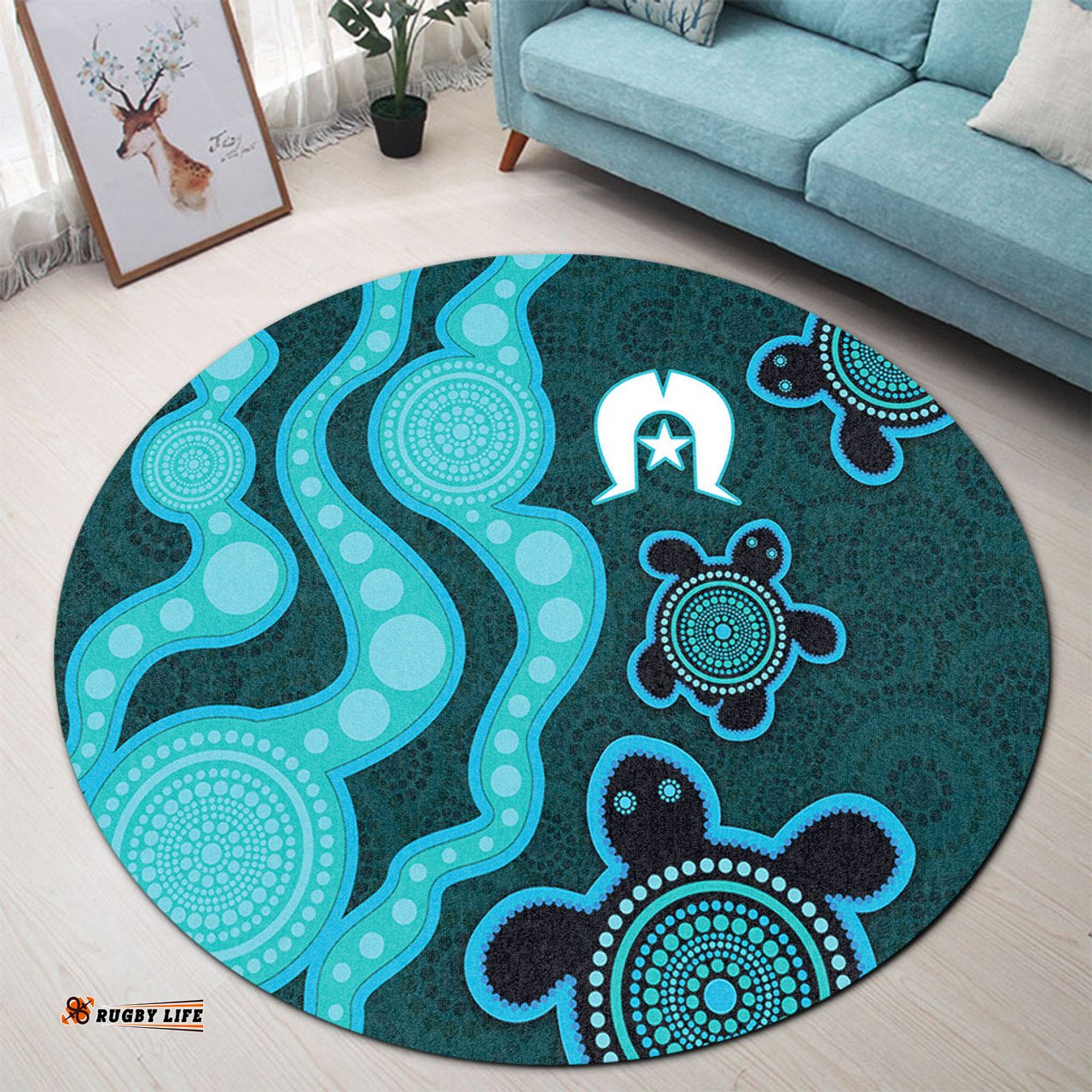 Australia Aboriginal Turtles Torres Strait Islands Round Rug - Blue Turtles With Aboriginal Dot Art Painting Patterns And Torres Strait Symbol Round Rug