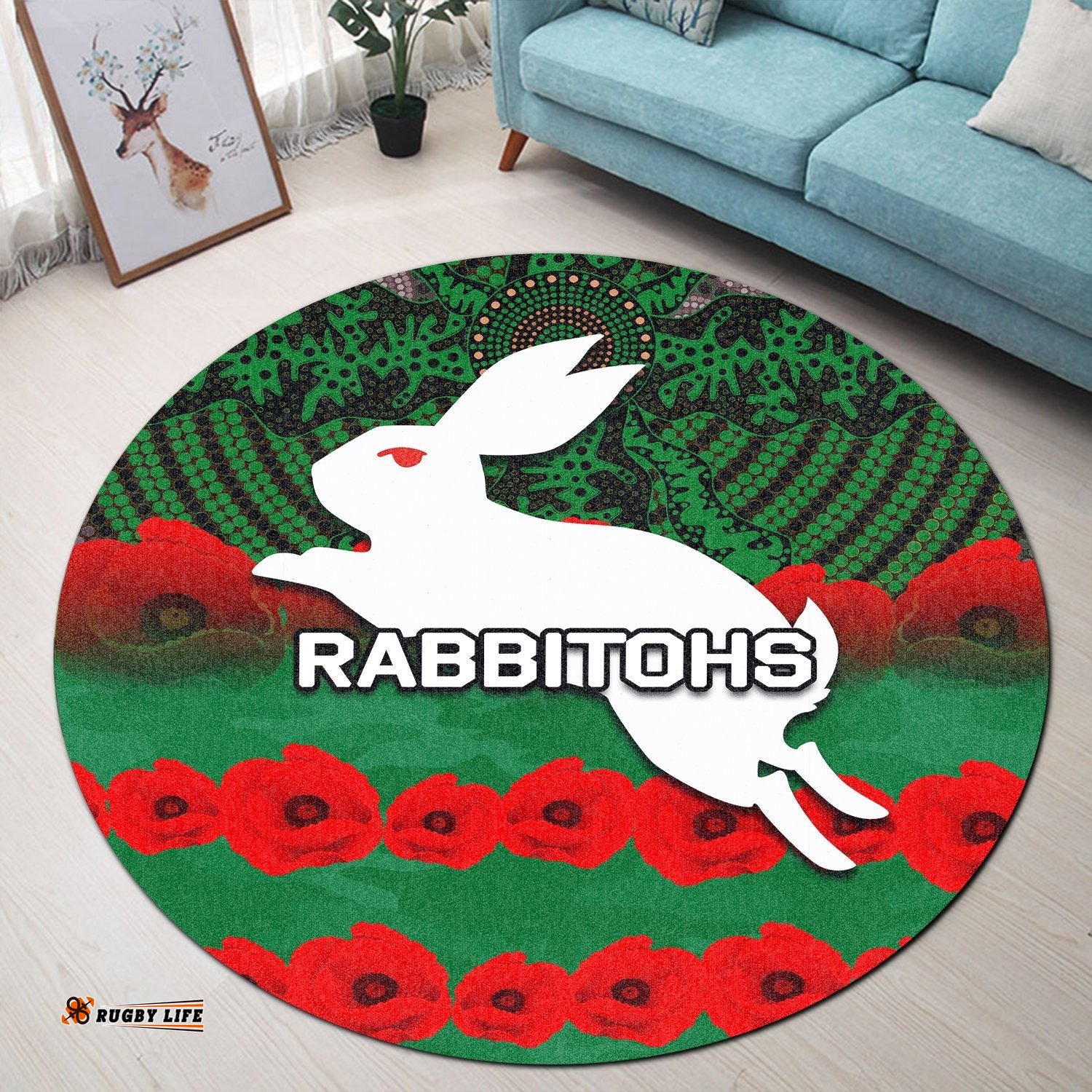 Rabbitohs Round Carpet Aboriginal With Poppy Flower Anzac
