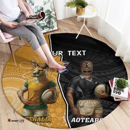Personalised New Zealand And Australia Rugby Round Carpet 2024 All Black Wallabies Mascots Together