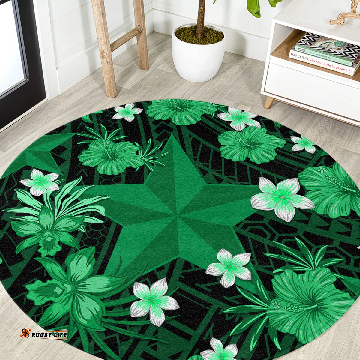 Australian Stars Cricket Round Carpet Baeuty Pacific Hibiscus and Polynesian Pattern