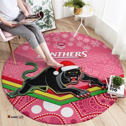 Custom Panthers Rugby Christmas Round Carpet Merry Xmas 2023 Mix Aboriginal Art Pink Version