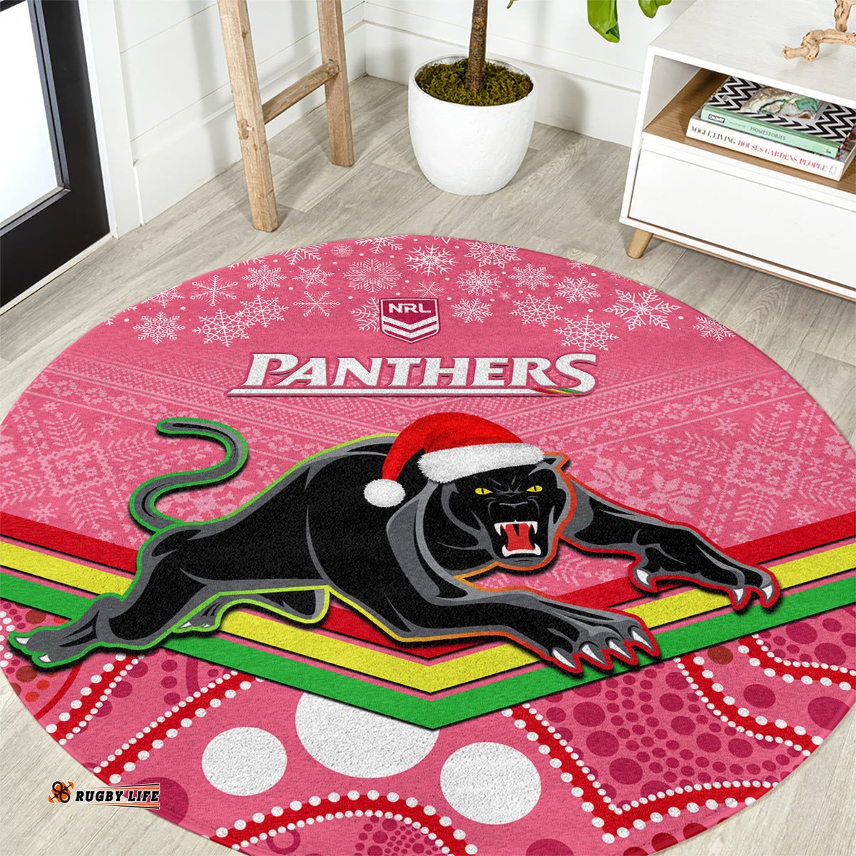 Custom Panthers Rugby Christmas Round Carpet Merry Xmas 2023 Mix Aboriginal Art Pink Version
