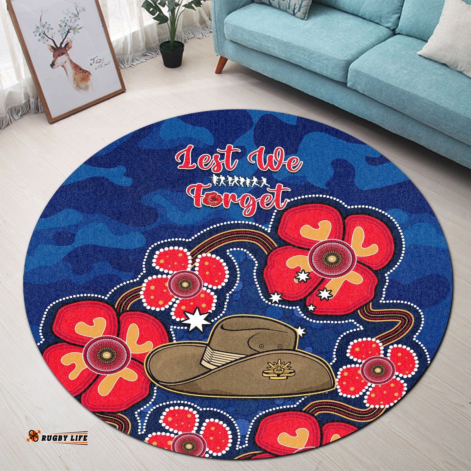 Australia ANZAC Round Carpet Lest We Forget Camouflage Mix Aboriginal Poppies And Slouch Hat