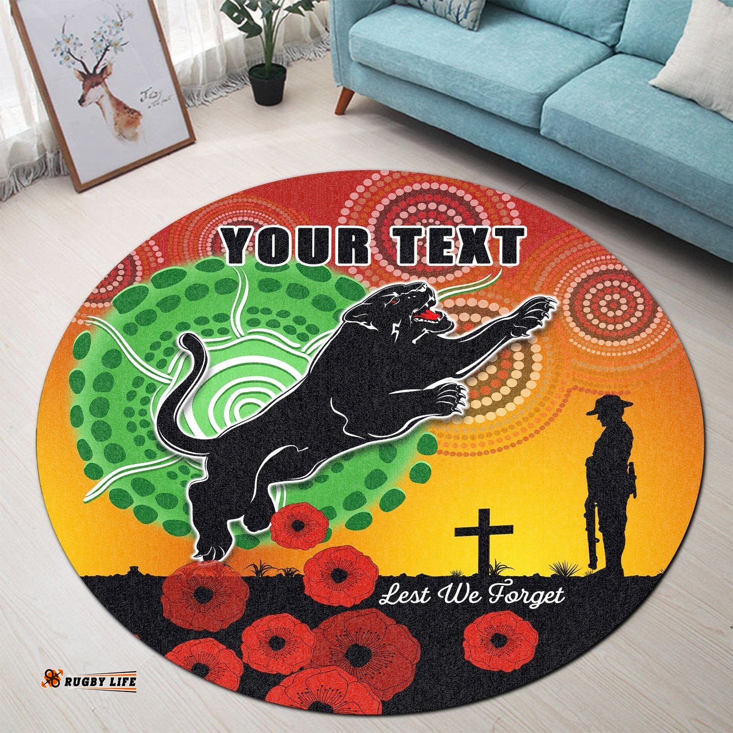 Custom Personalised Panthers Anzac Day Round Carpet Mix Indigenous Lest We Forget