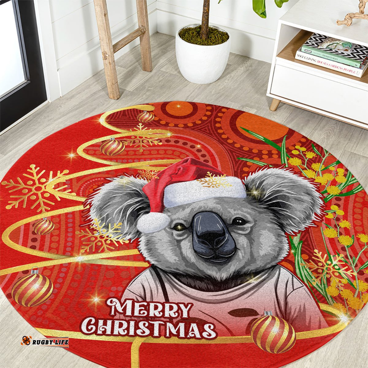 Australia Koala Christmas Round Carpet Aboriginal Art With Golden Wattle