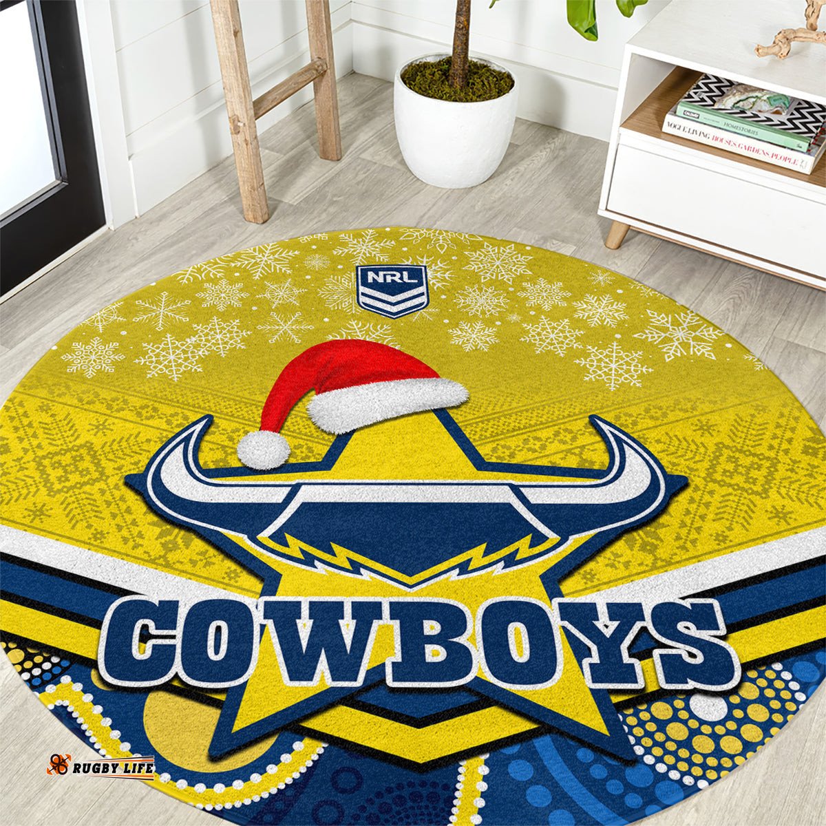 Cowboys Rugby Christmas Round Carpet Merry Xmas 2023 Mix Aboriginal Art Blue Version