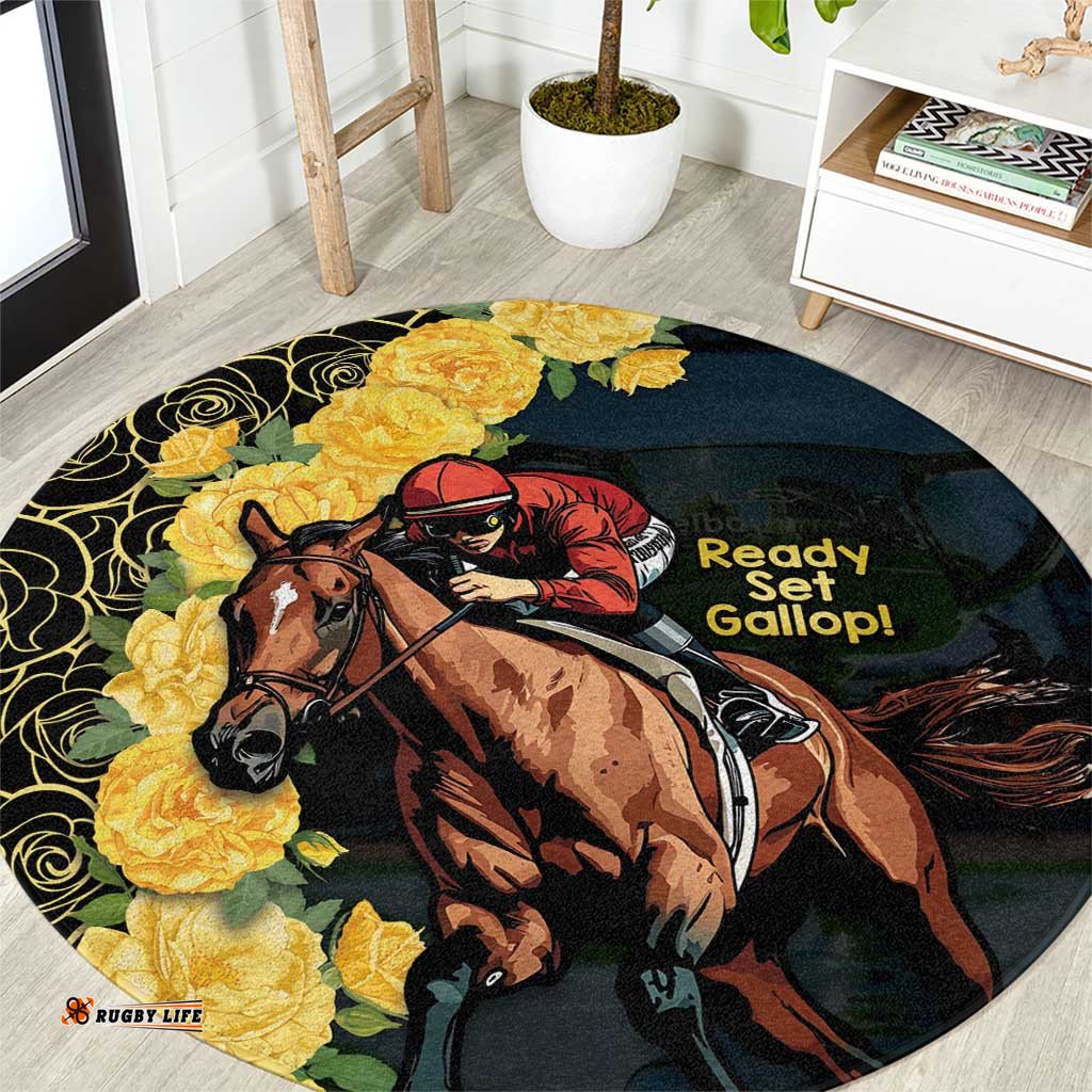 Melbourne Horse Racing Round Carpet Yellow Roses Ready Set Gallop!