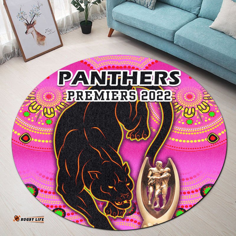 Penrith Panthers Rugby Round Carpet Pink Crouching Panther Premiers 2022