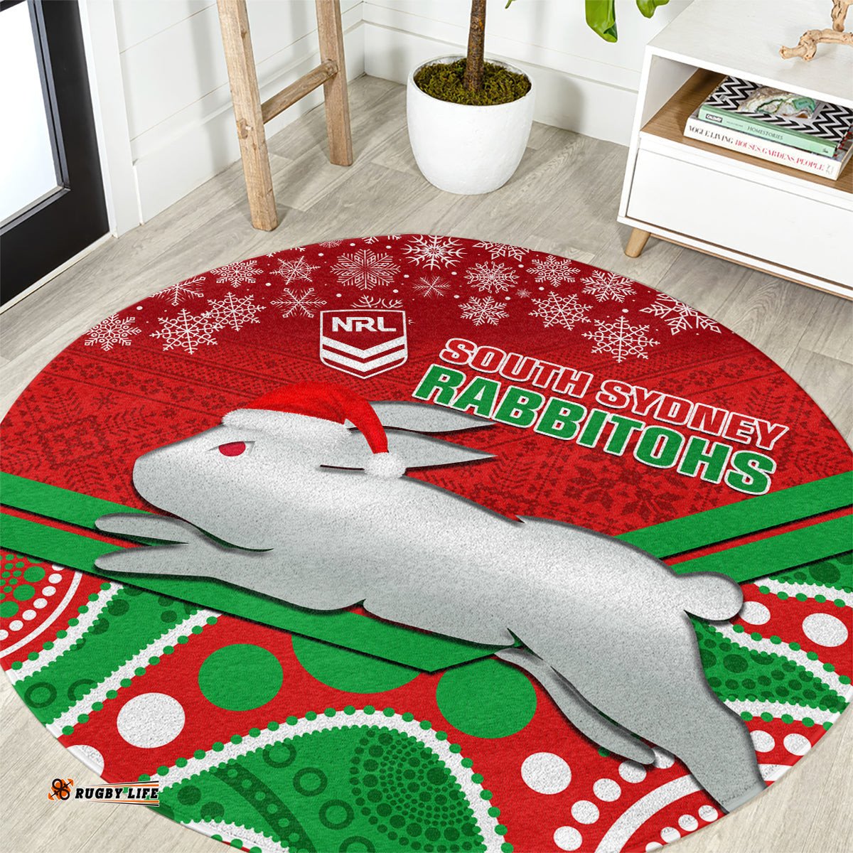 Custom Rabbitohs Rugby Christmas Round Carpet Merry Xmas 2023 Mix Aboriginal Art