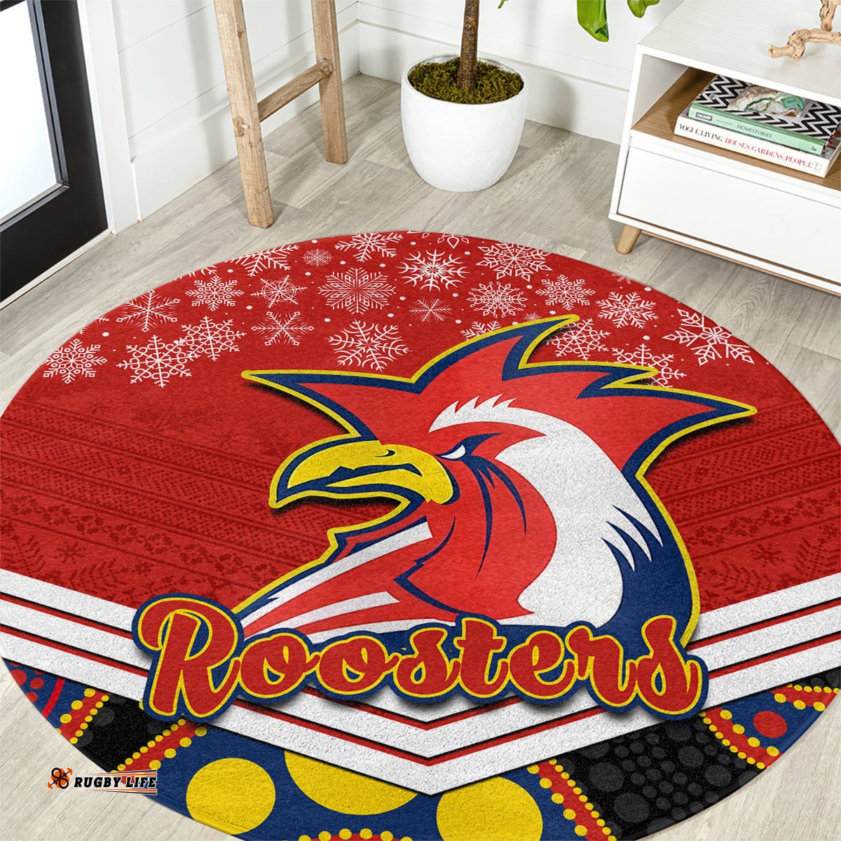 Custom Roosters Rugby Christmas Round Carpet Merry Xmas 2023 Mix Aboriginal Art