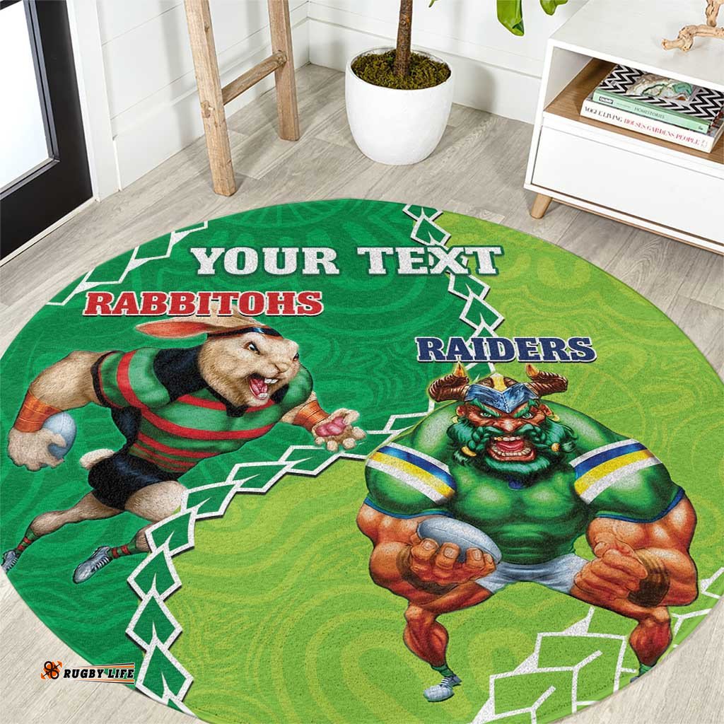 Personalised Rabbitohs And Raiders Rugby Round Carpet Aboriginal Mix Polynesian Pattern
