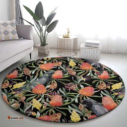 Australia Black Cockatoo And Banksia Flowers Round Carpet