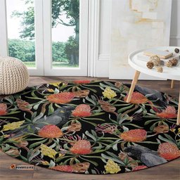 Australia Black Cockatoo And Banksia Flowers Round Carpet