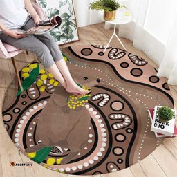 Australia Cute Quokka Round Carpet Indigenous Art With Golden Wattle
