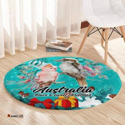 Kookaburra and Cockatoo Round Carpet Australia Merry Christmas Aboriginal Teal Style