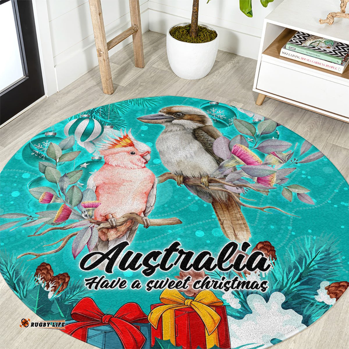 Kookaburra and Cockatoo Round Carpet Australia Merry Christmas Aboriginal Teal Style