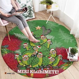 Kakapo New Zealand Christmas Round Carpet Meri Kirihimete Pohutukawa Green Color
