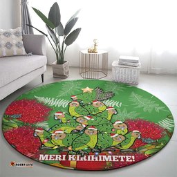 Kakapo New Zealand Christmas Round Carpet Meri Kirihimete Pohutukawa Green Color