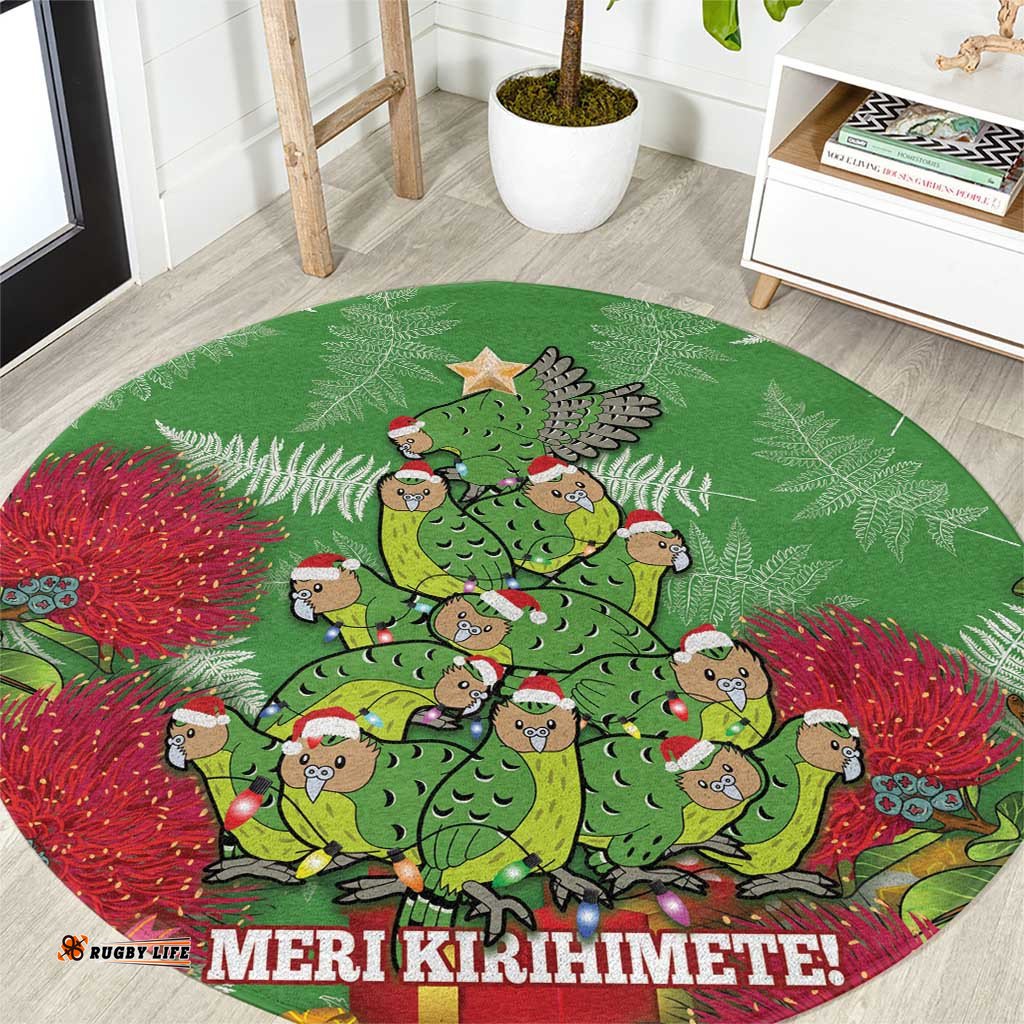 Kakapo New Zealand Christmas Round Carpet Meri Kirihimete Pohutukawa Green Color