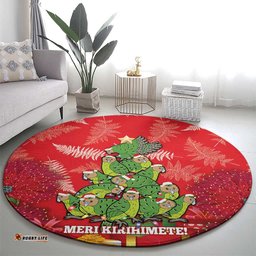Kakapo New Zealand Christmas Round Carpet Meri Kirihimete Pohutukawa Red Color