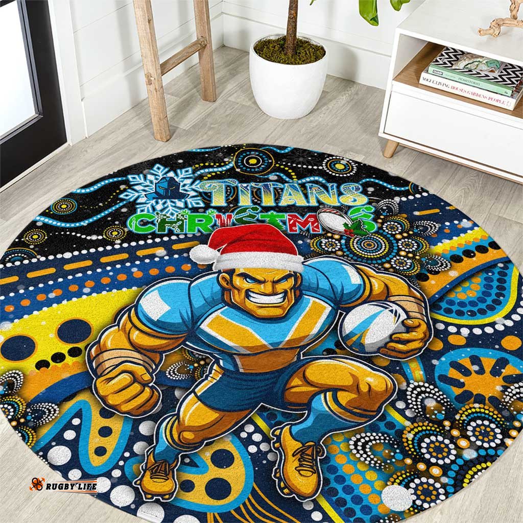 Merry Christmas Gold Coast Titans Round Carpet Aboriginal Santa Rugby Mascot Light Blue