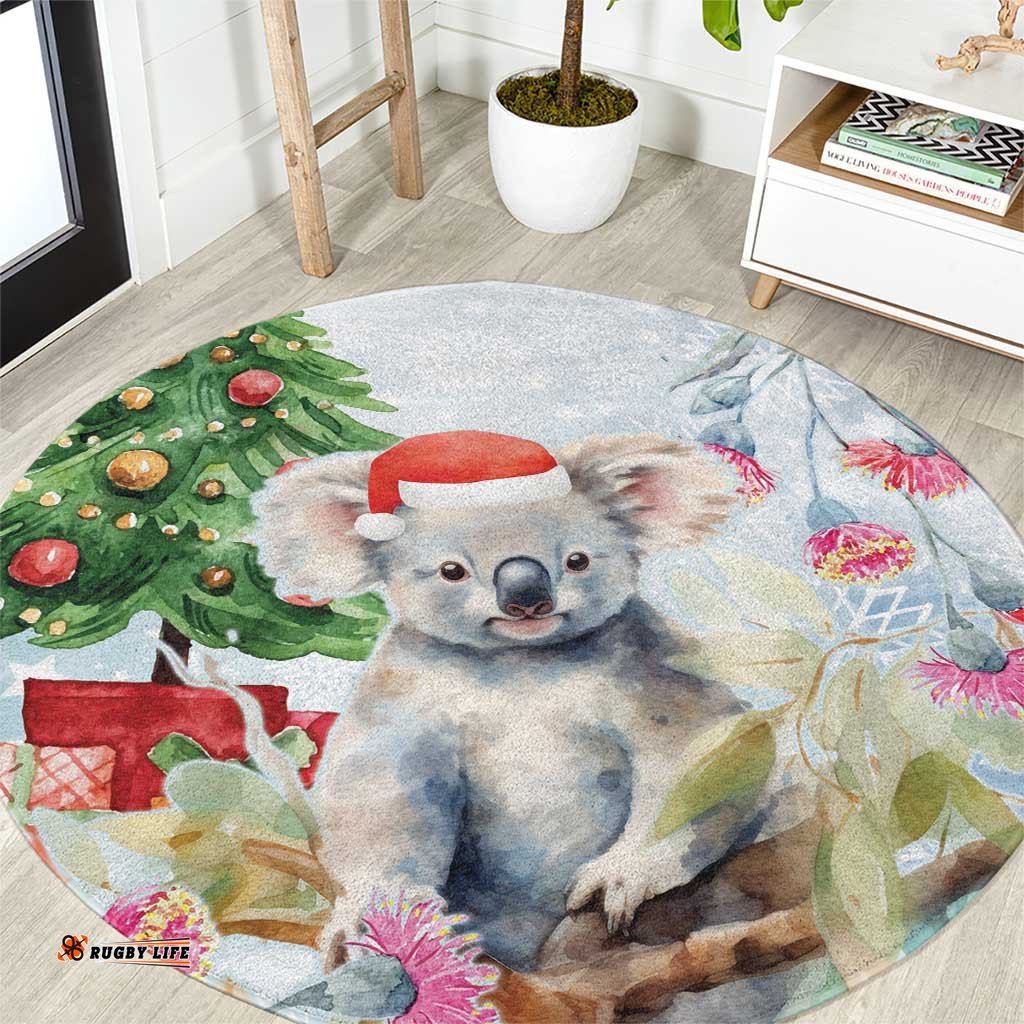 Australia Christmas Round Carpet Koala Santa With Eucalyptus Watercolor