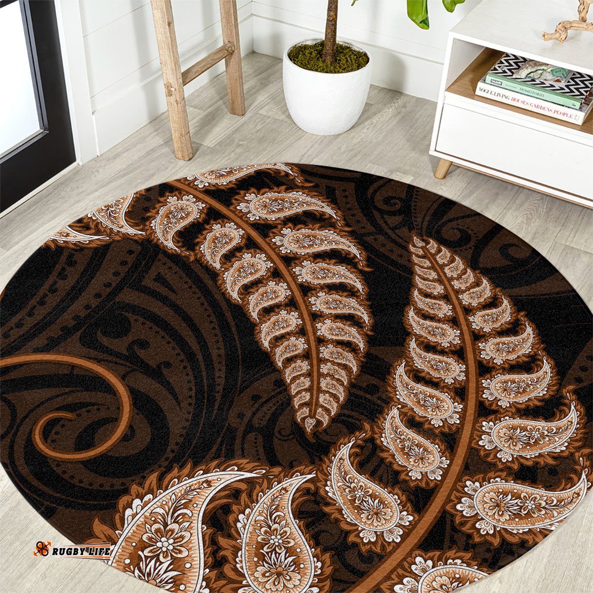Brown New Zealand Paisley Silver Fern Round Carpet Aotearoa Maori