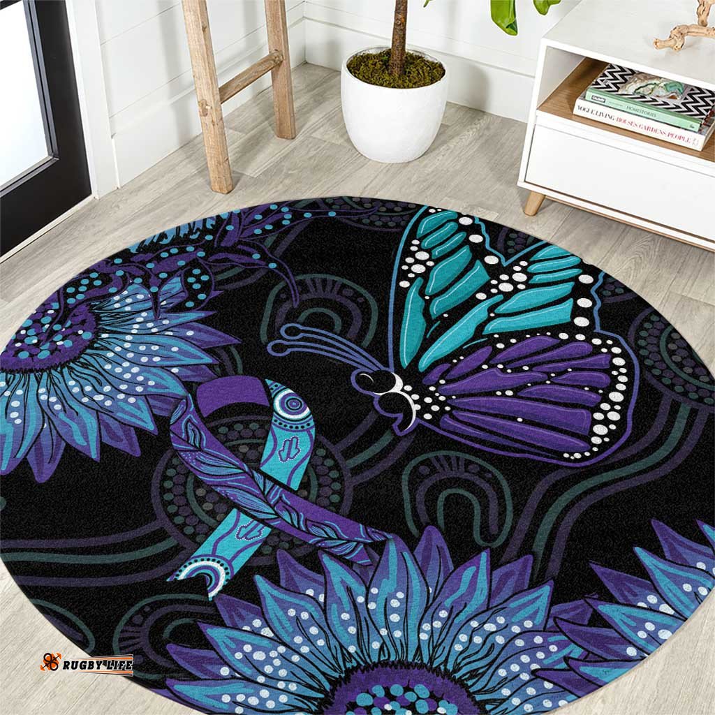 Australia Indigenous Round Carpet Teal & Purple Sunflower Aboriginal Arts
