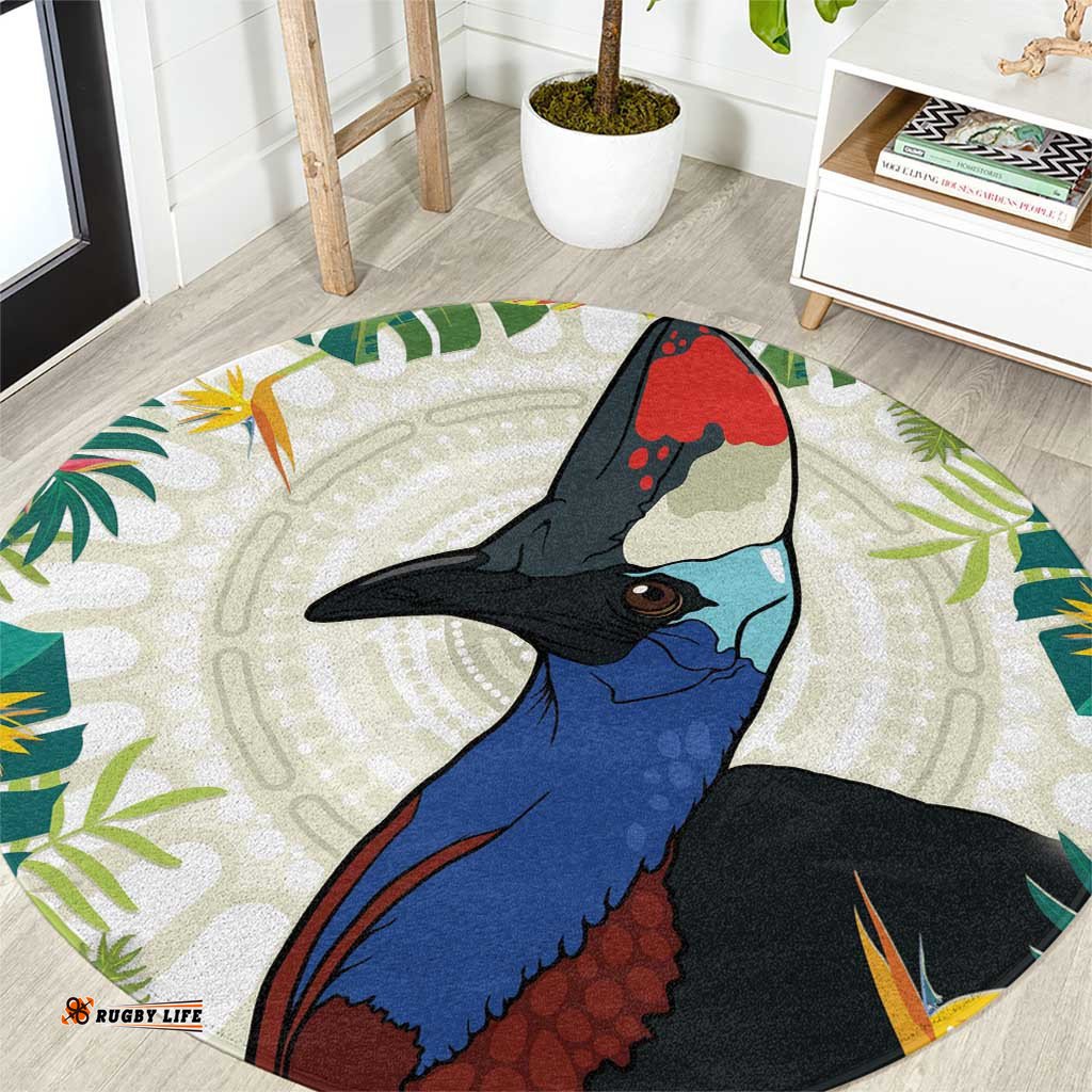 Cassowary Australia Round Carpet Tropical Flowers Mix Aboriginal Art