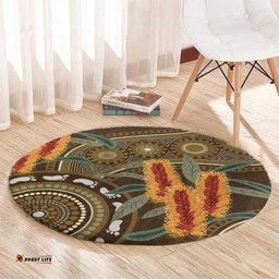 Australian Yellow Banksia Flowers Round Carpet Aboriginal Dot Art