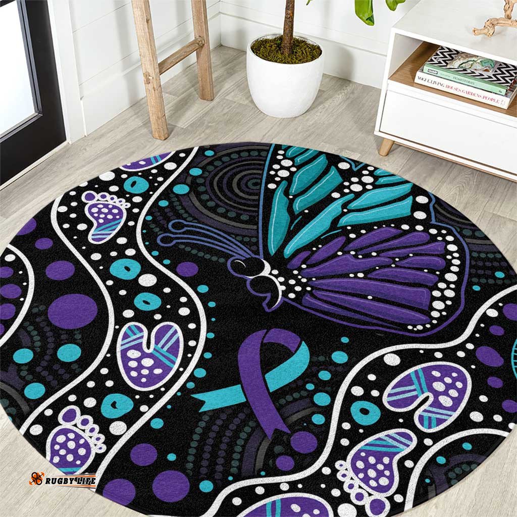 Australia Indigenous Round Carpet Teal & Purple Ribbon Butterfly Aboriginal Arts