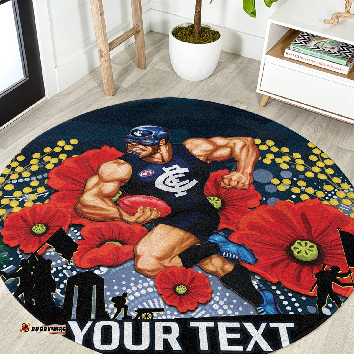 Custom Blues Football ANZAC Round Carpet Gallipoli Camouflage With Poppies