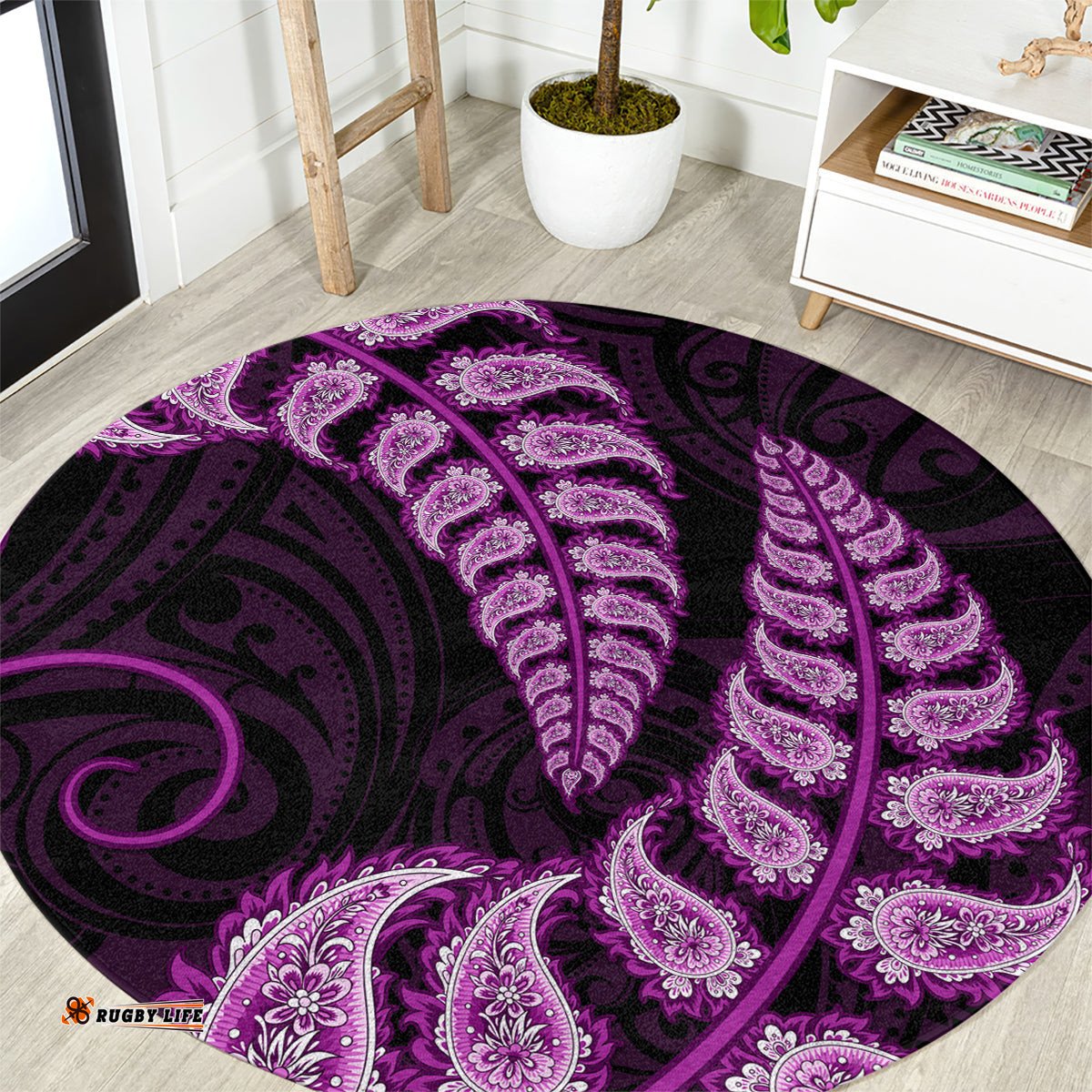 Purple New Zealand Paisley Silver Fern Round Carpet Aotearoa Maori