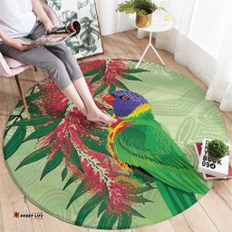 Australia Bottlebrush And Lorikeets Round Carpet Aboriginal Art Watercolor Style