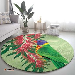 Australia Bottlebrush And Lorikeets Round Carpet Aboriginal Art Watercolor Style