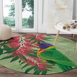 Australia Bottlebrush And Lorikeets Round Carpet Aboriginal Art Watercolor Style