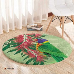 Australia Bottlebrush And Lorikeets Round Carpet Aboriginal Art Watercolor Style