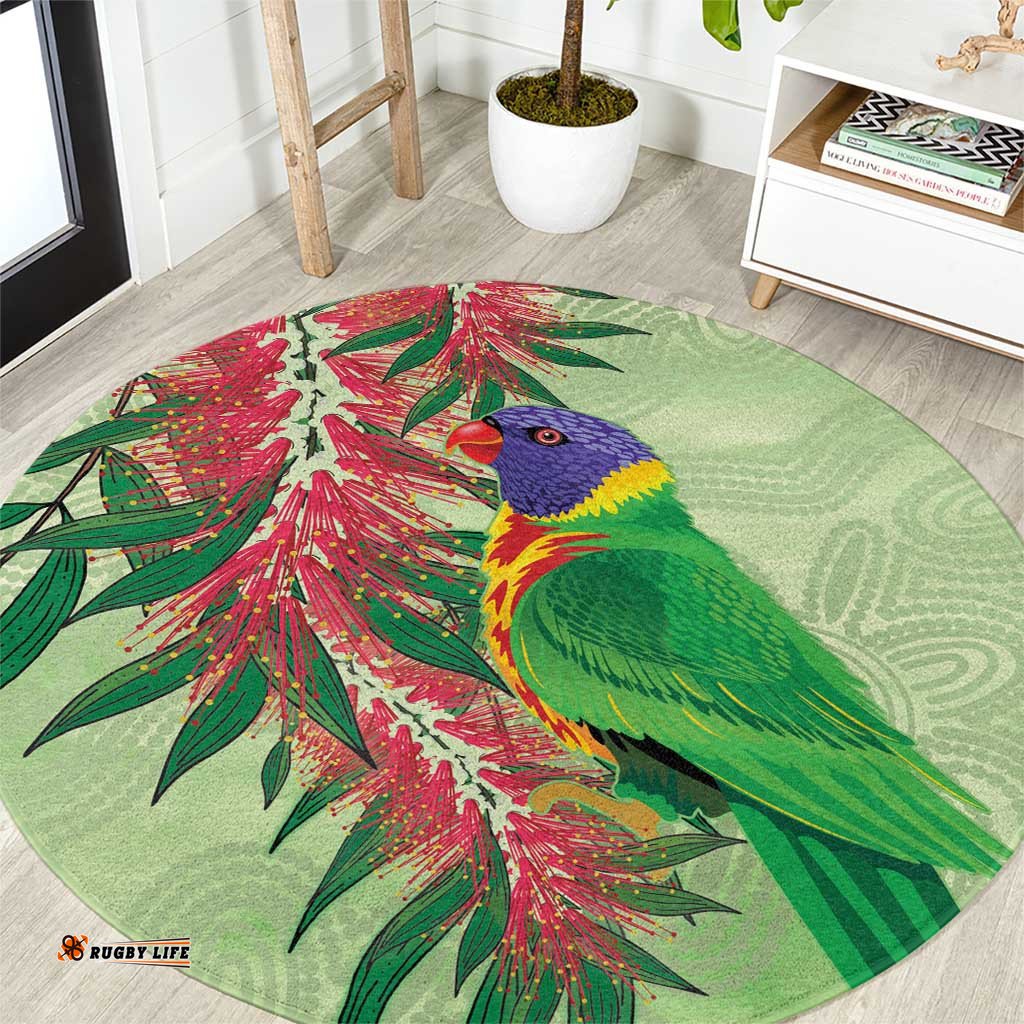 Australia Bottlebrush And Lorikeets Round Carpet Aboriginal Art Watercolor Style