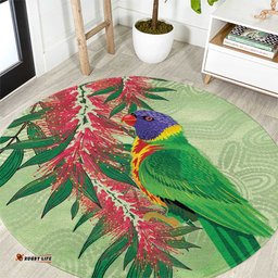 Australia Bottlebrush And Lorikeets Round Carpet Aboriginal Art Watercolor Style