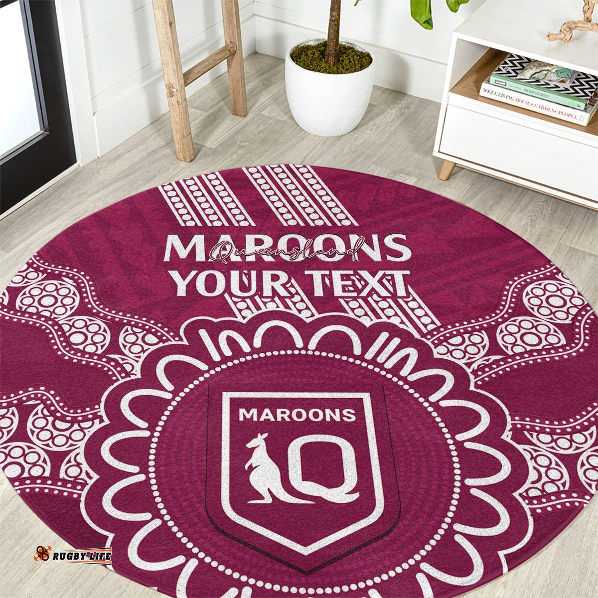 Custom QLD Maroons Rugby Round Carpet Aussie Aboriginal Mix Polynesian Pattern