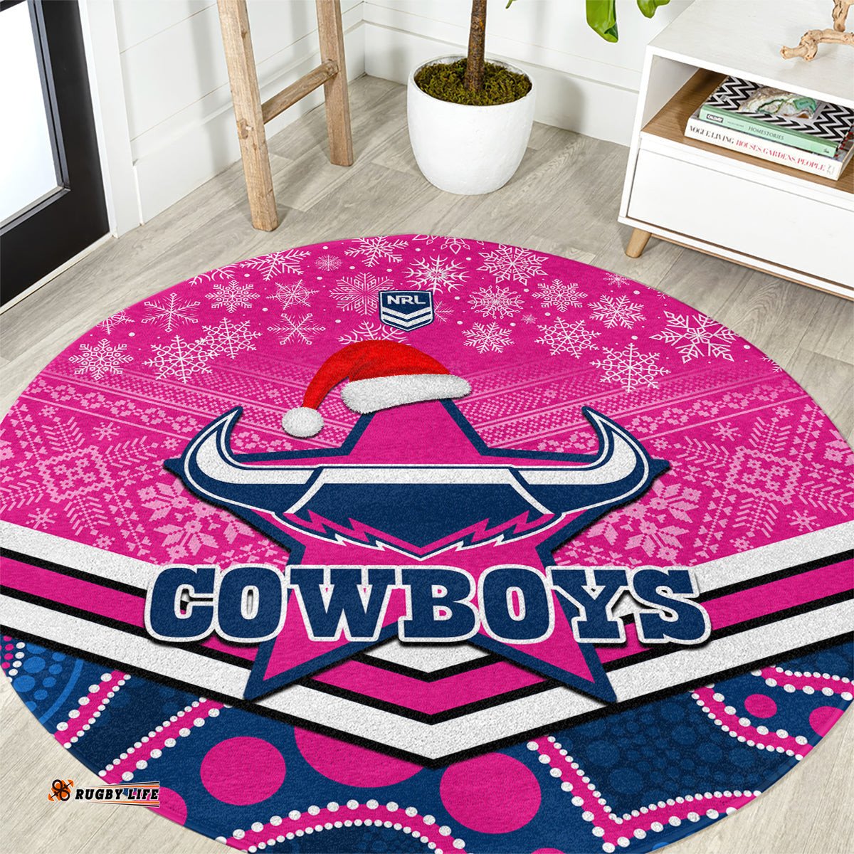 Cowboys Rugby Christmas Round Carpet Merry Xmas 2023 Mix Aboriginal Art Pink Version
