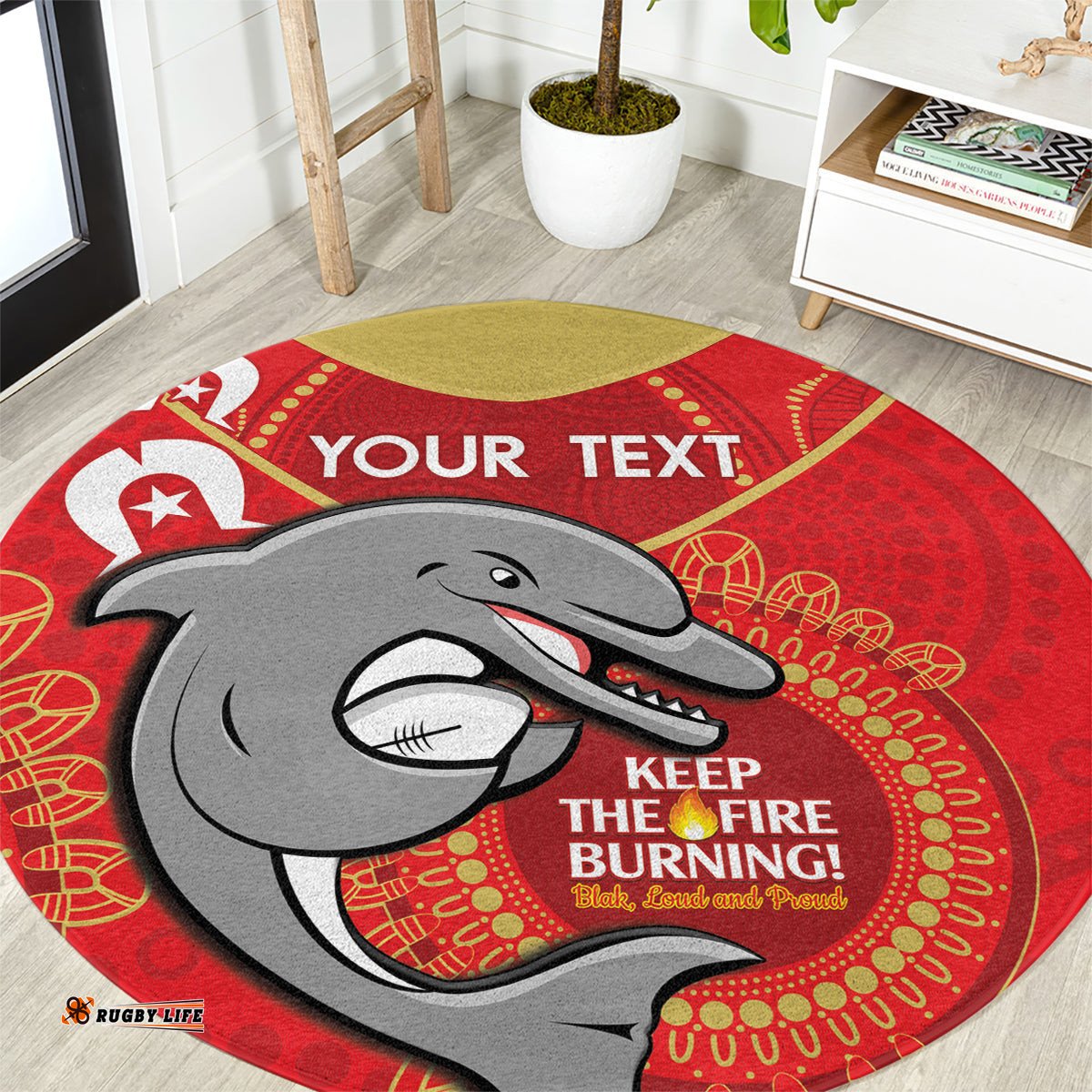 Custom NRL Dolphins NAIDOC Week Round Carpet Keep The Fire Burning Indigenous Art